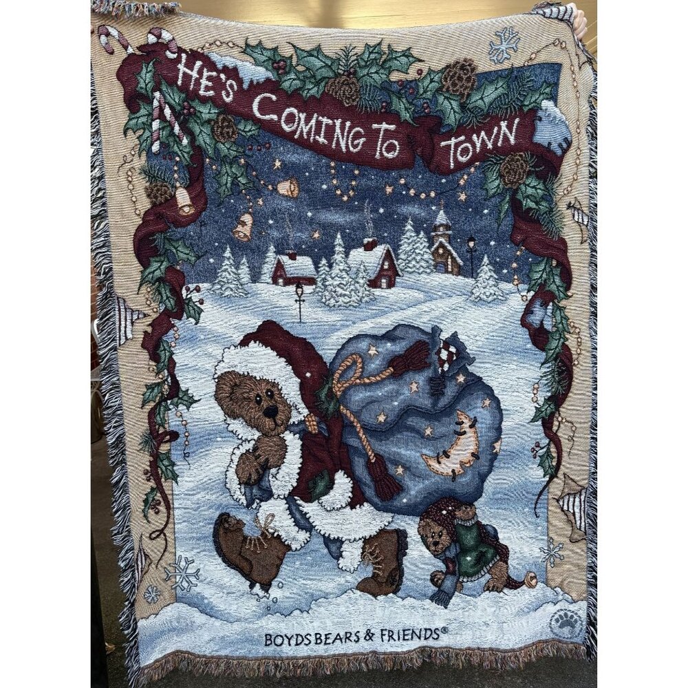 Boyds Bears He's Coming To Town Christmas Tapestry Throw Blanket 72x56